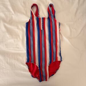 Justice Girls One-Piece Swimsuit | Size 12 | Red White Blue Ribbed Striped Swim